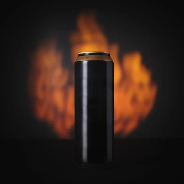 Napój energetyczny w czarnym słoiku na tle ognia