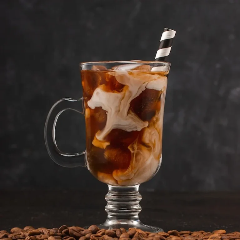 Zimna kawa z lodami i śmietaną w szklance ze słomką