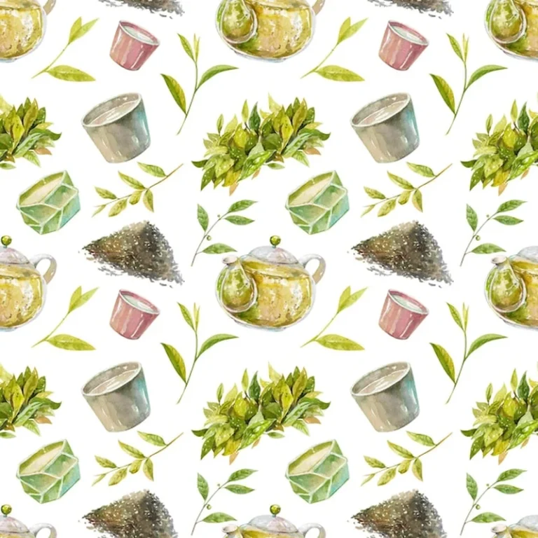 Ręcznie narysowany wzór z czajnikiem i herbatą na białym tle