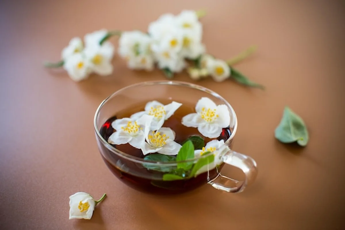 Szklana dzbanek z herbatą jaśminową na brązowym tle