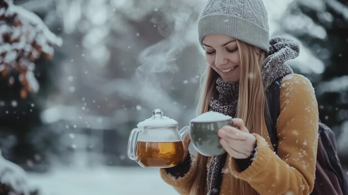 Młoda kobieta pije herbatę na śniegu w zimowy dzień